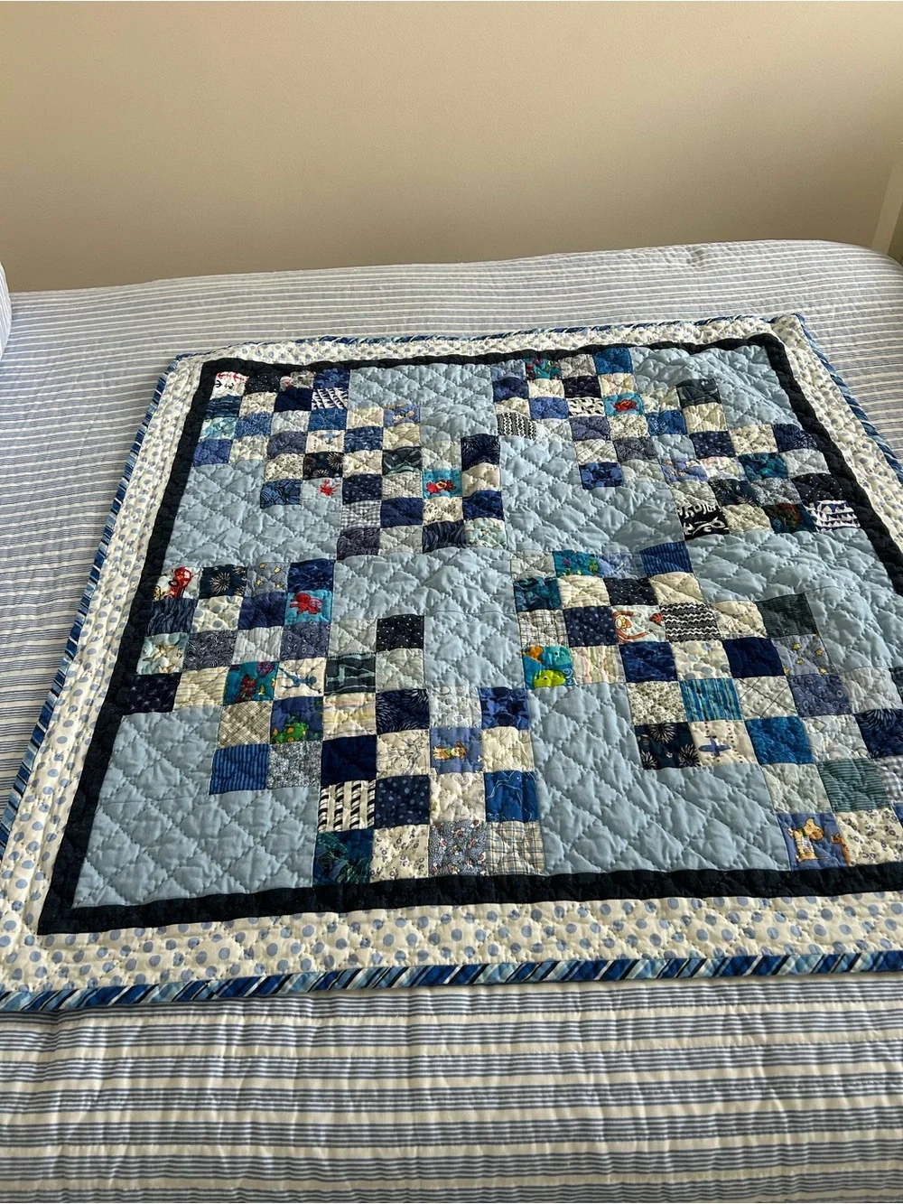 Hand stitched Blue Patchwork Baby Quilt. Size 37”x37”. Freshly laundered, ready